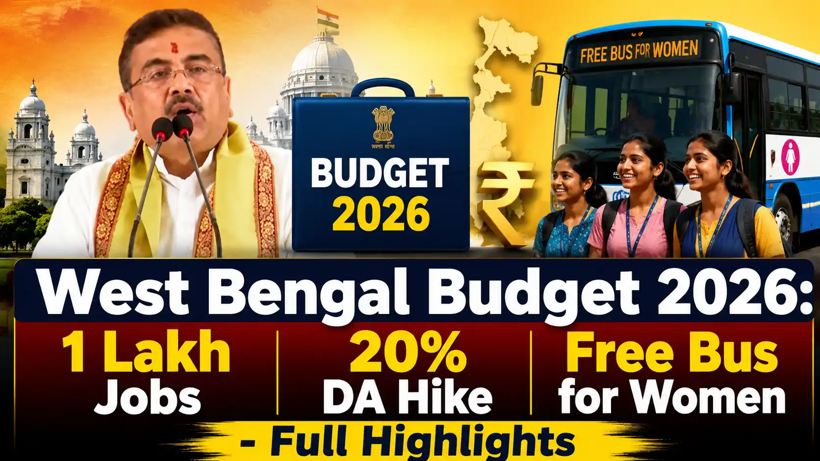 West Bengal Budget 2026: 1 Lakh Jobs, 20% DA Hike, Free Bus for Women - Full Highlights