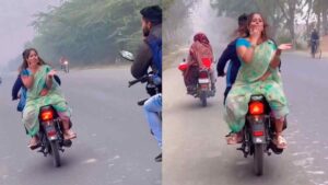 Viral Video: ना नंबर प्लेट और ना ही हेलमेट, बाइक पर उल्टी बैठी लड़की ने दिया फ्लाइंग Kiss